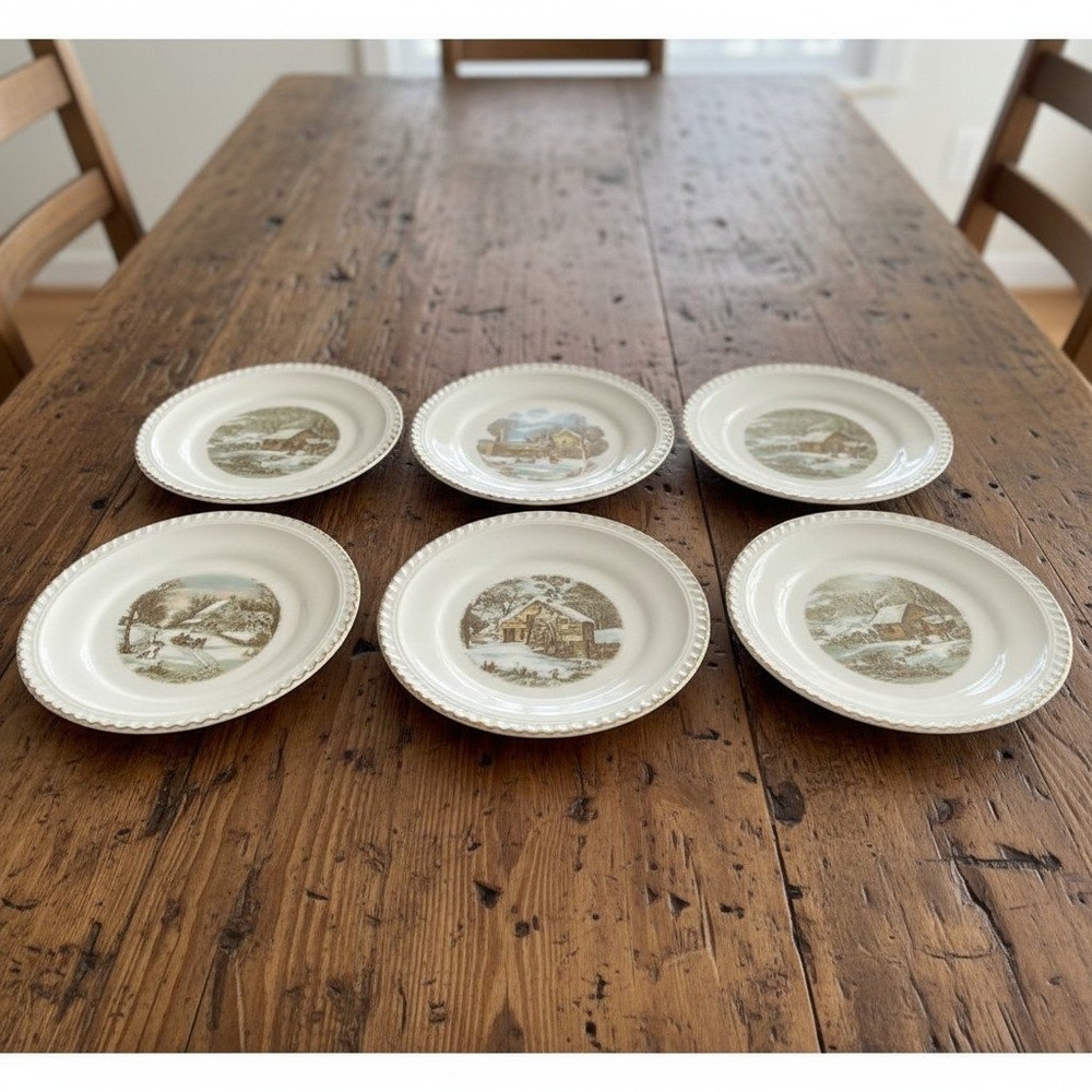 Harkerware Pottery Winter Homestead Dessert Plates, Set of 6, Vintage Porcelain